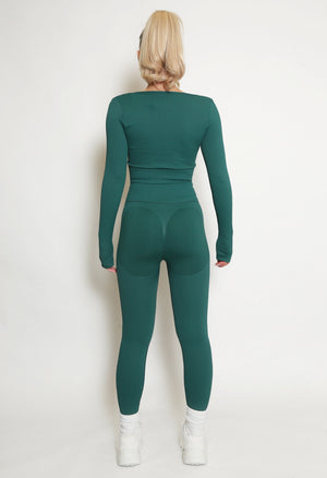 Ribbed Low Neck Knotted Green Top & Leggings Co-Ord