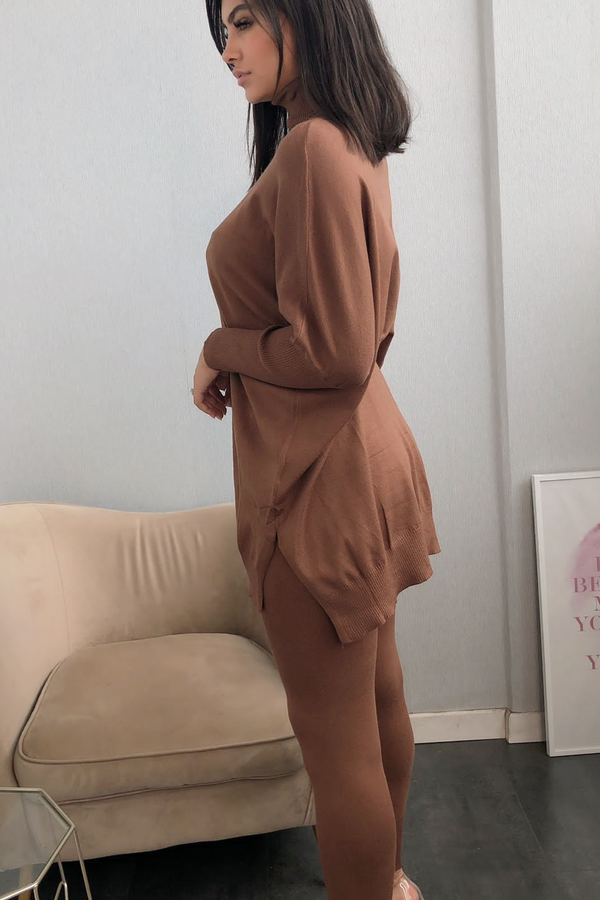 Chocolate brown High Neck Knitted Co- Ord