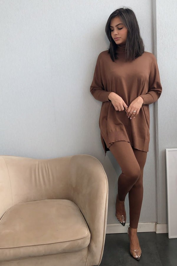 Chocolate brown High Neck Knitted Co- Ord | Uniquely Sophia's