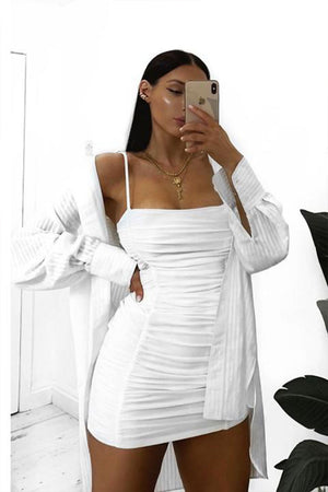 White Ruched Double Layer Slinky Cami Dress | Uniquely Sophia's
