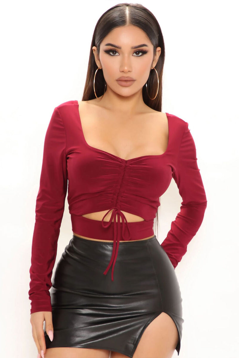 Wine Slinky Ruched Cut Out Crop Top | Uniquely Sophia's