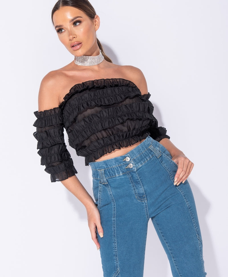 Model Wears Black Frill Detail Off Shoulder Crop Top Front View