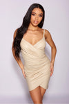 Beige Coated Ruched Side Wrapover Strappy Mini Dress | Uniquely Sophia's