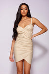 Beige Coated Ruched Side Wrapover Strappy Mini Dress