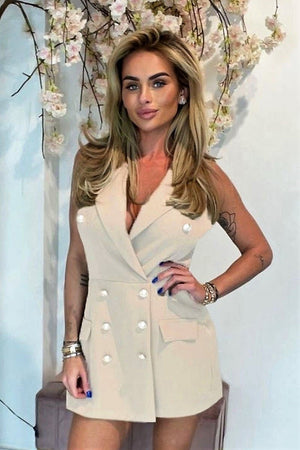 Beige Sleeveless Military Button Blazer Playsuit