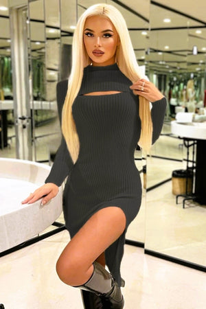 Black Cut Out Detail Thigh Split Knitted Midi Dress
