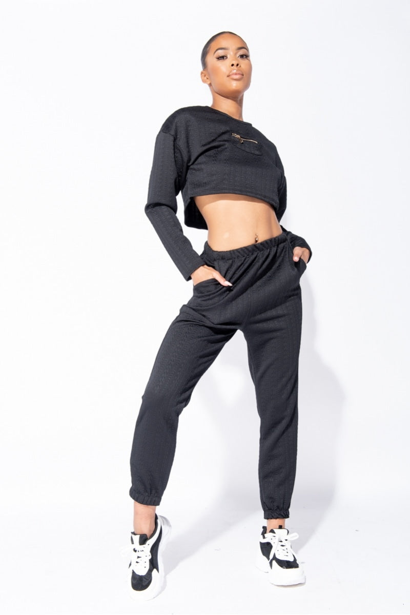 Black Quilted Zip Trim Loungewear set | Uniquely Sophia's