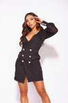 Black Sheer Puff Sleeve Military Button Blazer Dress | Uniquely Sophia's