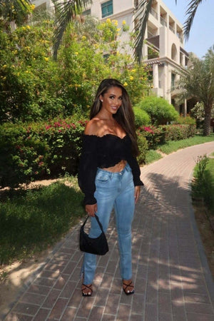 Black Shirring Detail Long Sleeve Bardot  Crop Top | Uniquely Sophia's