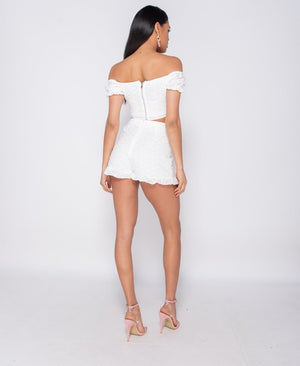 Broderie Anglaise Bardot Ruched Front Tie Detail Co Ord Set | Uniquely Sophia's