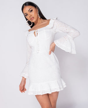 Broderie Anglaise Frill Detail Tie Front Mini Dress | Uniquely Sophia's
