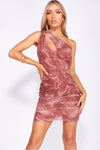 Brown Mesh Marble Print Cut Out Ruched Bodycon Mini Dress