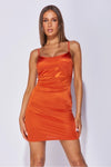 Burnt Orange Stretch Satin Strappy Bodycon Mini Dress | Uniquely Sophia's