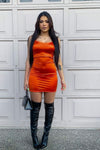 Burnt Orange Stretch Satin Strappy Bodycon Mini Dress