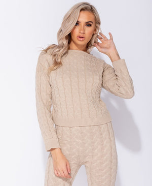 Beige Cable Knit Long Sleeve Cropped Top & Legging Lounge Set