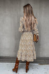 Camel Floral Thigh Split Long Sleeve Tiered Hem Midi Dress | Uniquely Sophia's