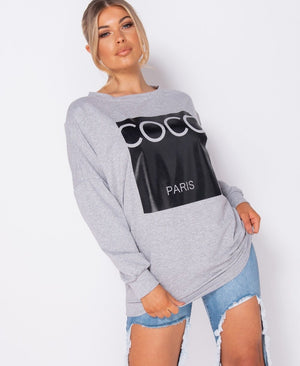 Grey Coco Print Oversized Sweatshirt | Uniquely Sophia's