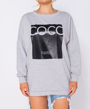 Grey Coco Print Oversized Sweatshirt