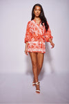 Coral Floral Balloon Sleeve Belted Playsuit