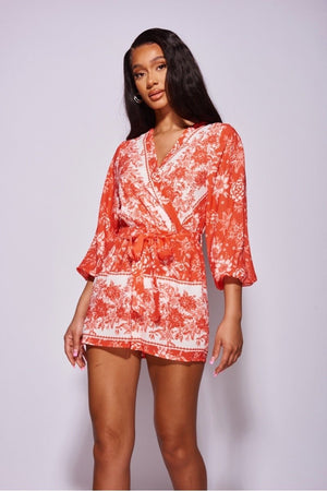 Coral Floral Balloon Sleeve Belted Playsuit
