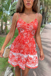 Coral Floral Button Front Scarf Print Tiered Mini Dress