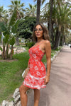 Coral Floral Button Front Scarf Print Tiered Mini Dress