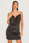 Model wearing Black Satin Mini Dress with Diamante Strap detail front view 