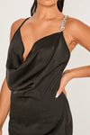 Asymmetric Cowl Neck Satin Mini Dress Black close up view | Uniquely Sophia's