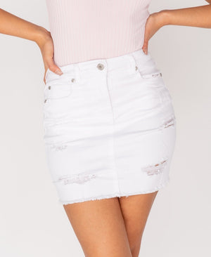 White Distressed Frayed Hem Denim Mini Skirt | Uniquely Sophia's
