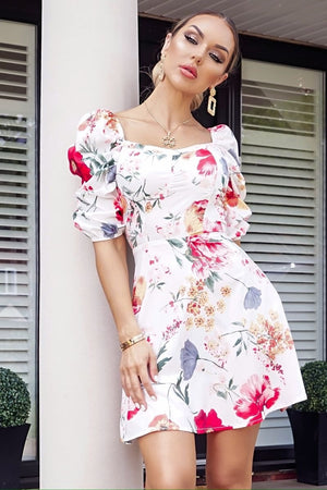 Floral print sweetheart neck ruched sleeve dress | Uniquely Sophia's