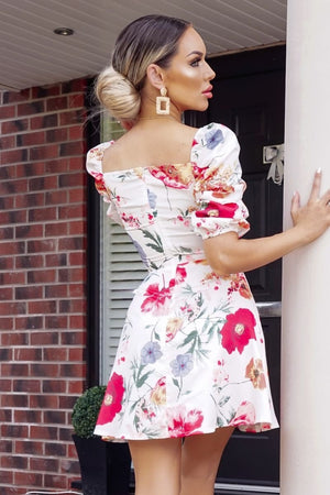 Floral print sweetheart neck ruched sleeve dress