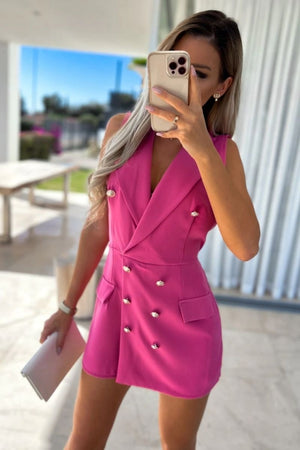 Fuchsia Sleeveless Military Button Blazer Playsuit