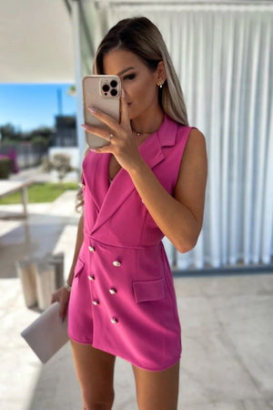 Fuchsia Sleeveless Military Button Blazer Playsuit