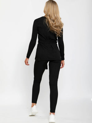Ribbed Side Split Black Top and Trousers Lounge Set