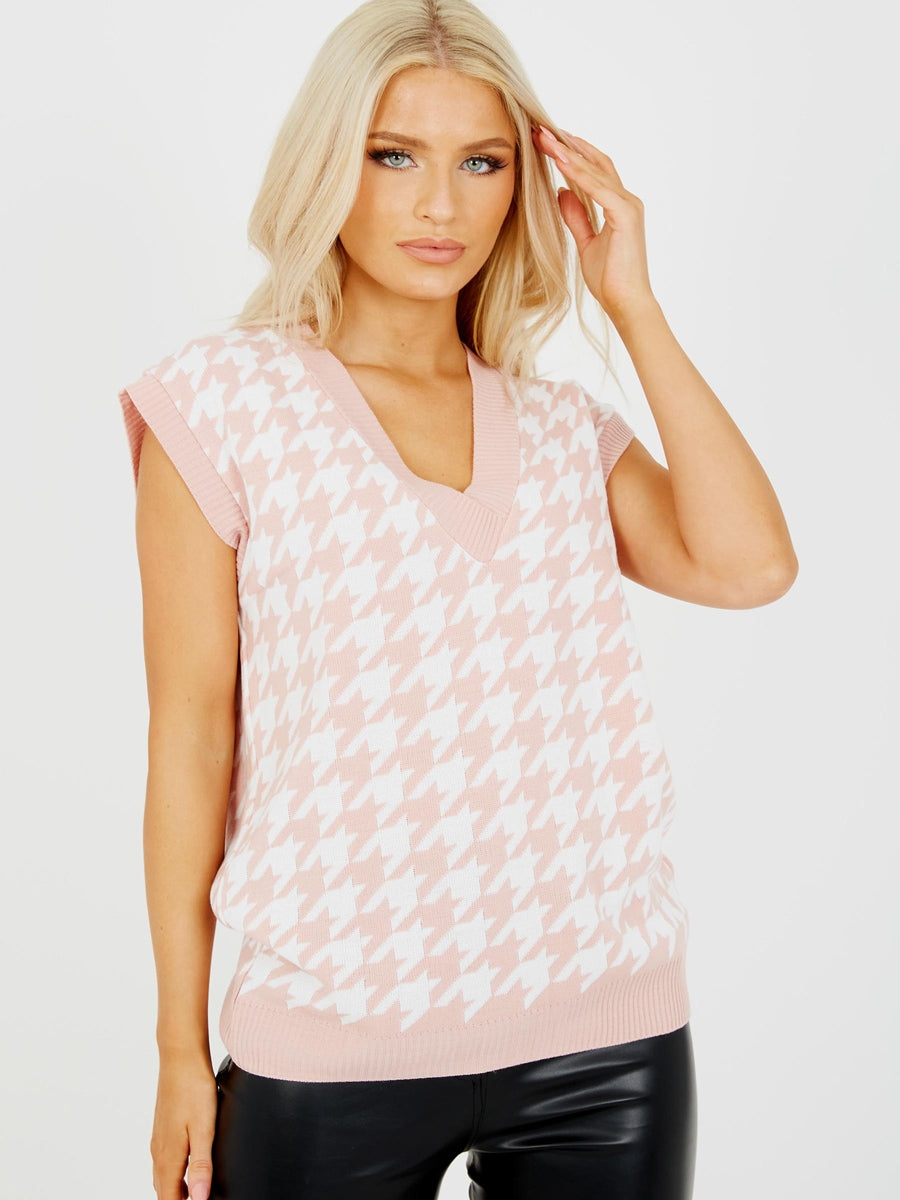 Pink & white Dogtooth V- Neck Sleeveless Knitted Jumper | Uniquely Sophia's
