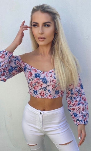 Pink Floral Long Sleeve Off Shoulder Crop Top | Uniquely Sophia's