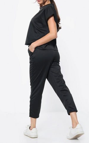 Black short sleeve boxy top and joggers