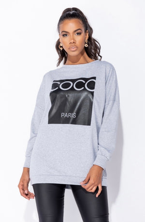 Grey Coco Print Oversized Sweatshirt | Uniquely Sophia's