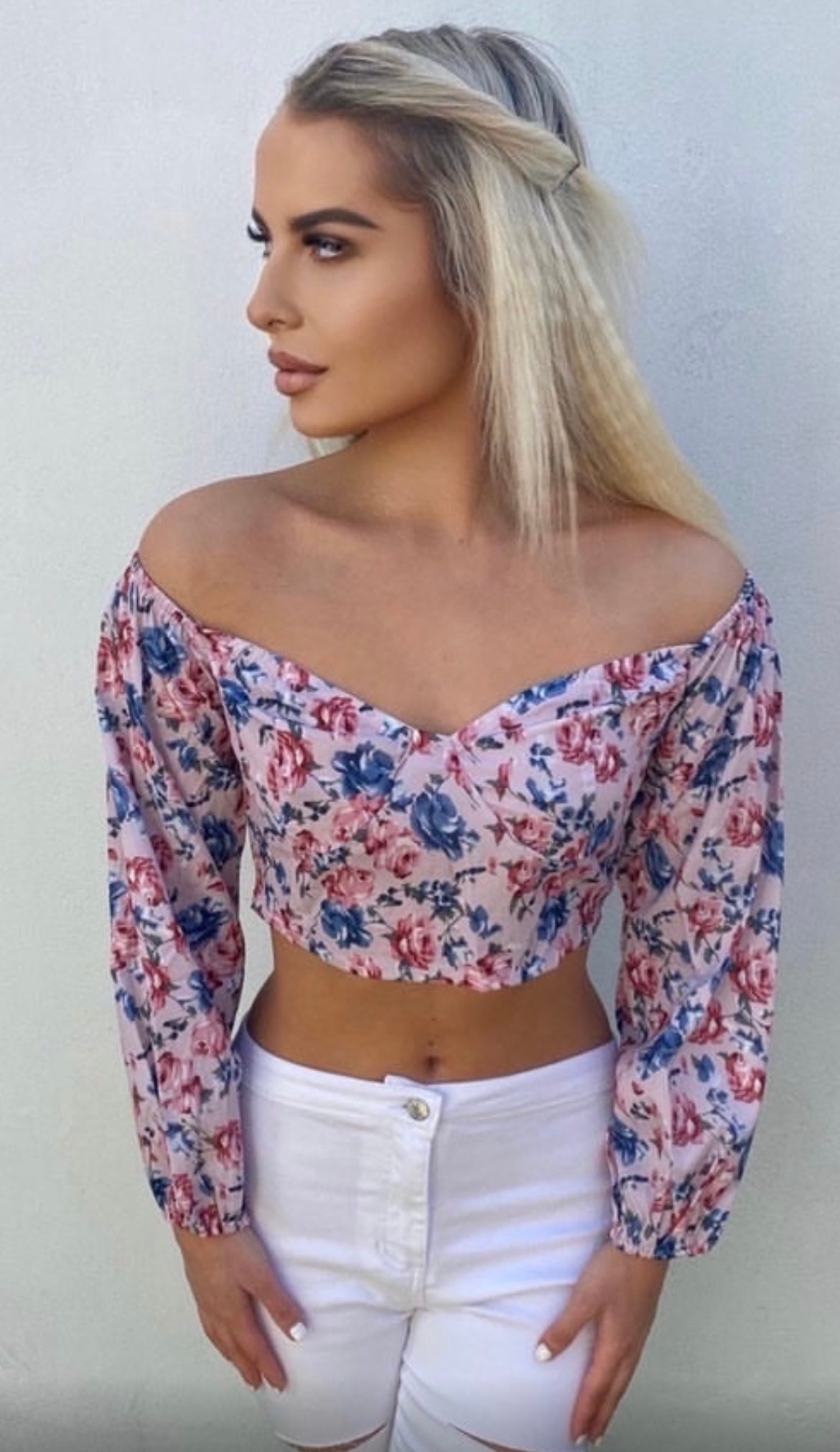 Pink Floral Long Sleeve Off Shoulder Crop Top – Uniquely Sophia's