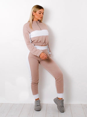 Pink Colour Blocked Zip Detail Cropped Top Lounge Set