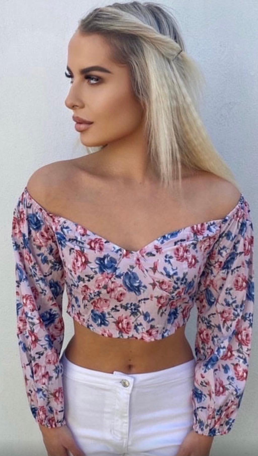 Pink Floral Long Sleeve Off Shoulder Crop Top | Uniquely Sophia's