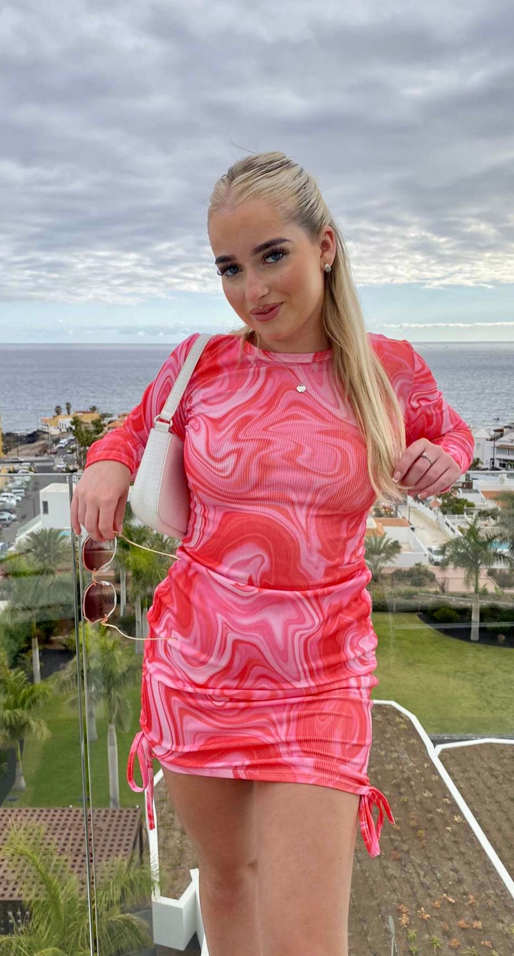 Pink Marble Print Long Sleeves Ribbed Ruched Dress