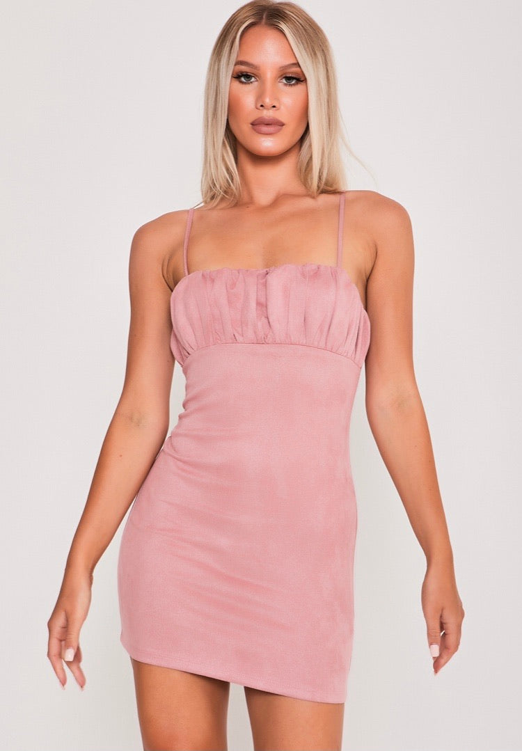 Stretch Suede Ruched Bust Bodycon Dress Rose Pink | Uniquely Sophia's