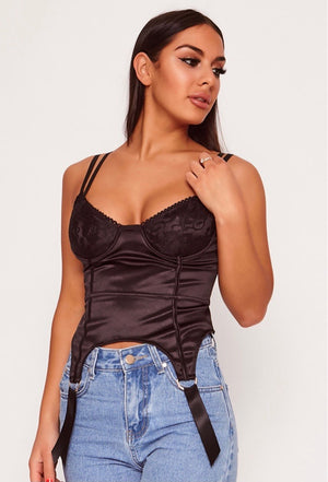 Black Stretch Satin Underwired Lace Cup Corset Top