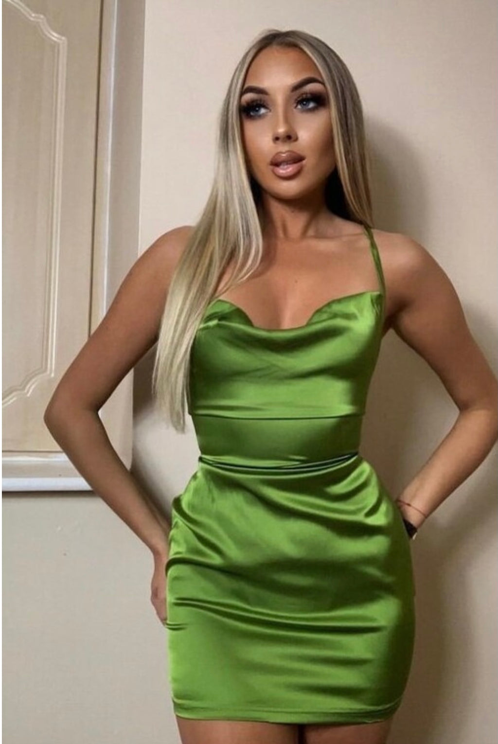 Olive Green Satin Cowl Neck Mini Dress | Uniquely Sophia's