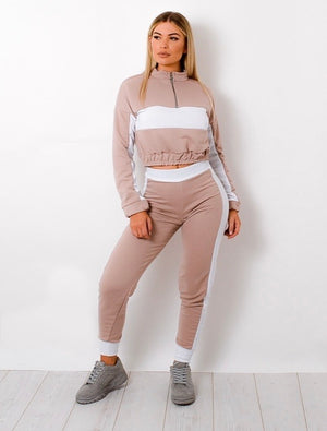 Pink Colour Blocked Zip Detail Cropped Top Lounge Set