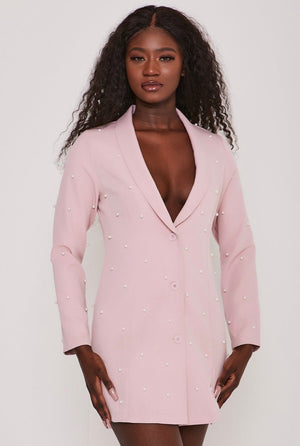 Pearl Embellished Tuxedo Collar Blazer Dress Blush Pink | Uniquely Sophia's