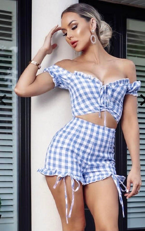 Blue Gingham Check Print Front Tie Ruched Frill Detail Bardot Co Ord Set