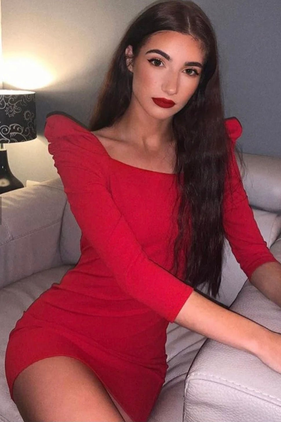 Red Puff Sleeve Square Neck Bodycon Dress