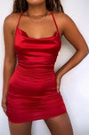 Red satin cowl neck dress